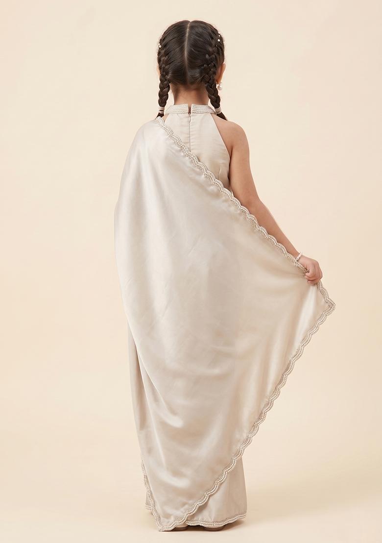 Grey Satin Handwork Pre Draped Saree Set For Girls - Indya