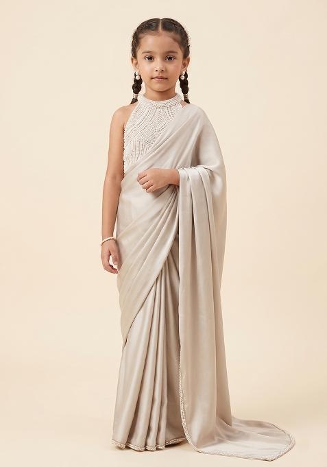 Grey Satin Handwork Pre Draped Saree Set For Girls