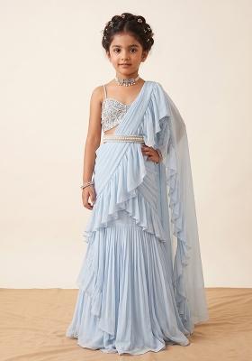Soft Blue Georgette Handwork Pre Draped Saree Set For Girls