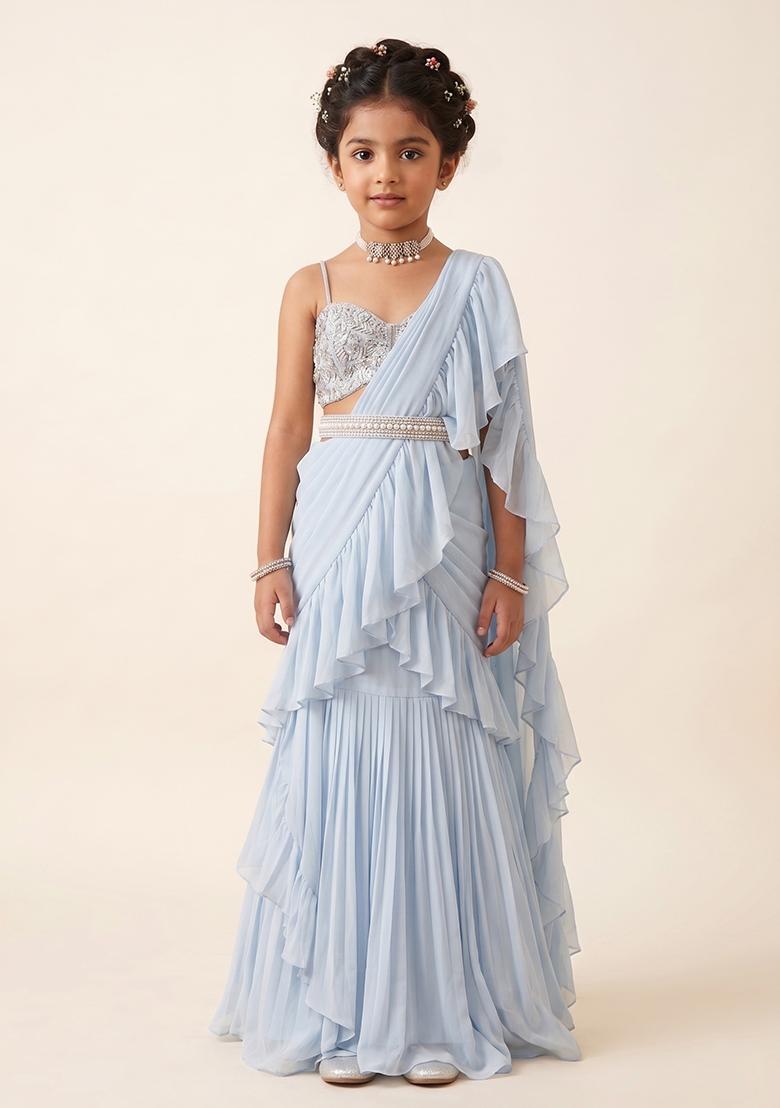 Soft Blue Georgette Handwork Pre Draped Saree Set For Girls - Indya
