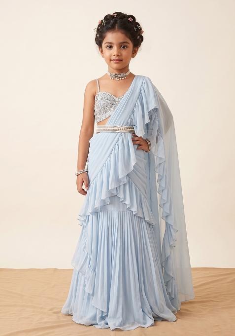 Soft Blue Georgette Handwork Pre Draped Saree Set For Girls