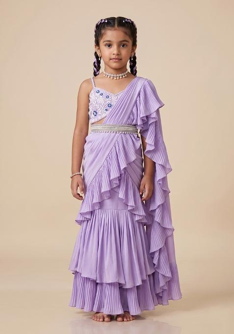 Lilac Georgette Handwork Pre Draped Saree Set For Girls
