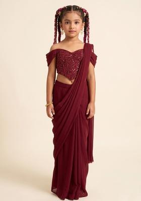 Brown Crepe Handwork Pre Draped Saree Set For Girls