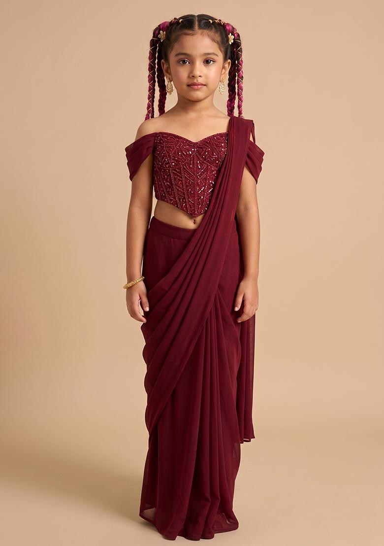 Brown Crepe Handwork Pre Draped Saree Set For Girls - Indya