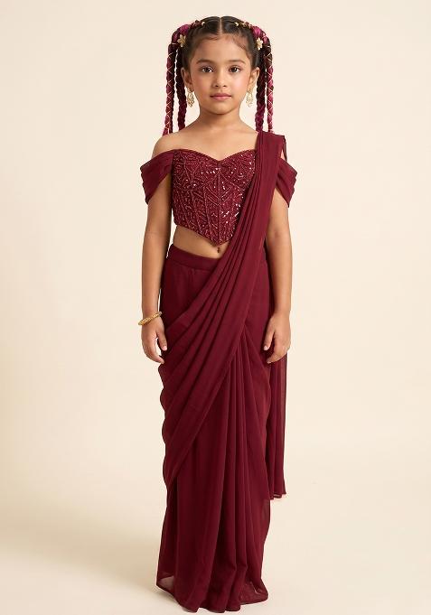 Brown Crepe Handwork Pre Draped Saree Set For Girls