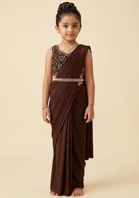 Chocolate Brown Handwork Chinon Pre Draped Saree Set For Girls