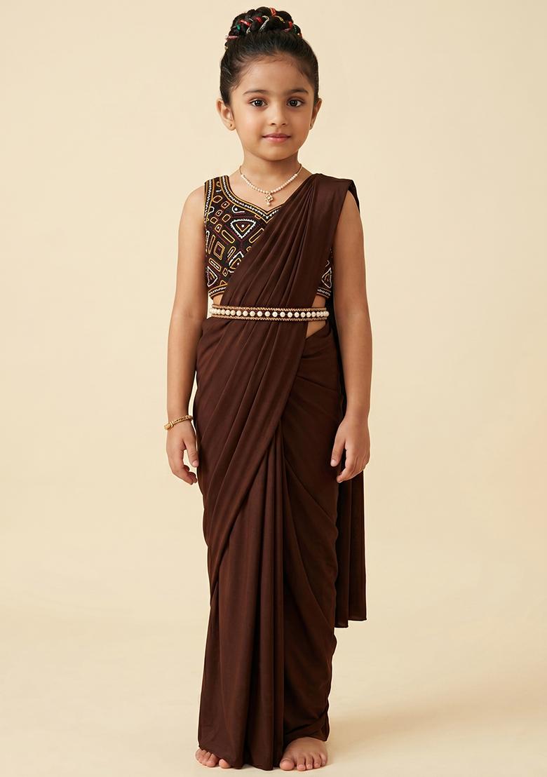 Chocolate Brown Handwork Chinon Pre Draped Saree Set For Girls - Indya