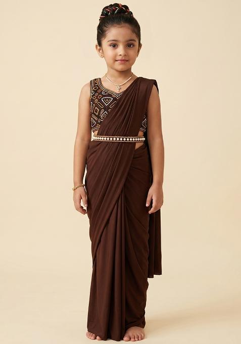 Chocolate Brown Handwork Chinon Pre Draped Saree Set For Girls