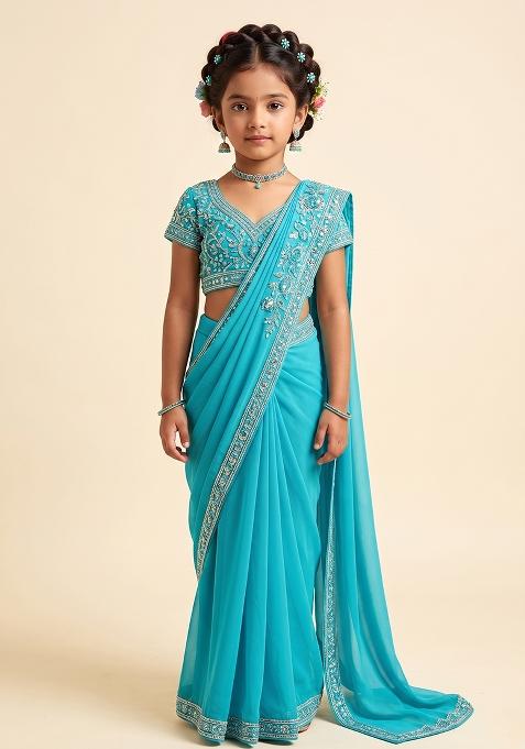 Blue Handwork Shimmer Goergette Pre Draped Saree Set For Girls