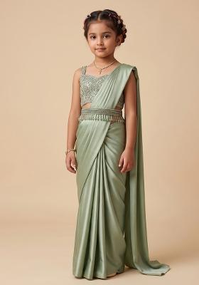 Sage Green Handwork Satin Pre Draped Saree Set For Girls