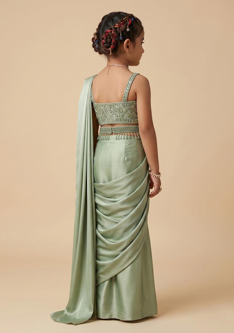 Sage Green Handwork Satin Pre Draped Saree Set For Girls - Indya