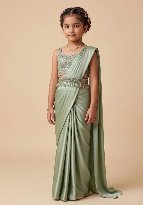 Sage Green Handwork Satin Pre Draped Saree Set For Girls
