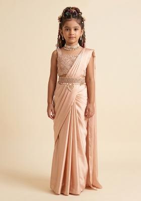 Beige Handwork Satin Pre Draped Saree Set For Girls