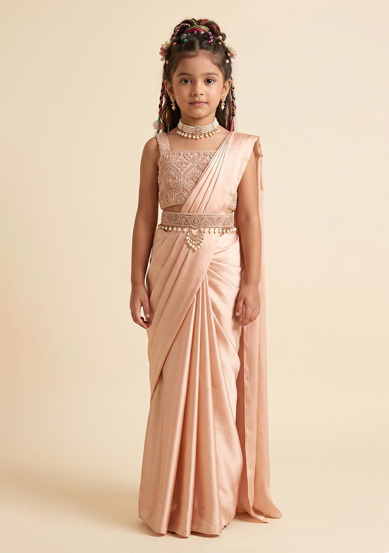 Beige Handwork Satin Pre Draped Saree Set For Girls - Indya
