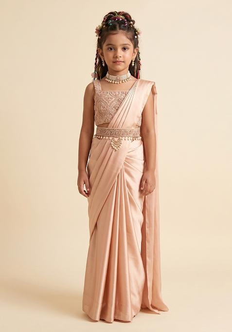 Beige Handwork Satin Pre Draped Saree Set For Girls