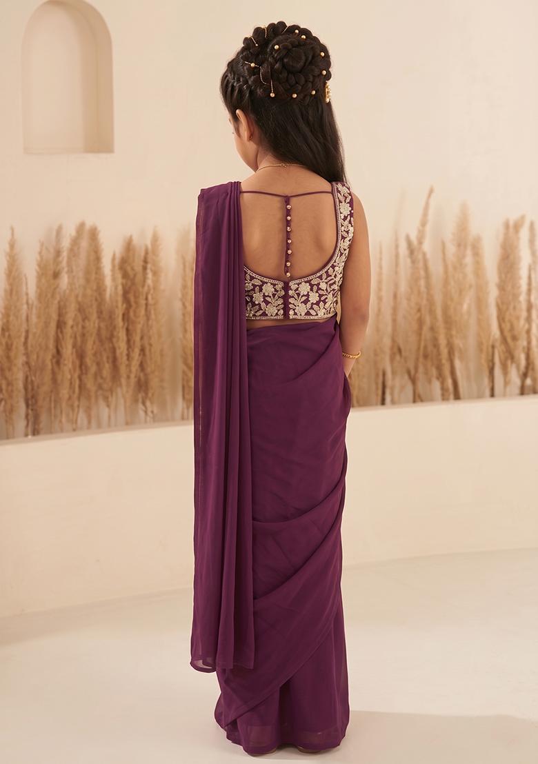 Purple Hand Work Georgette Pre Draped Saree Set For Girls - Indya