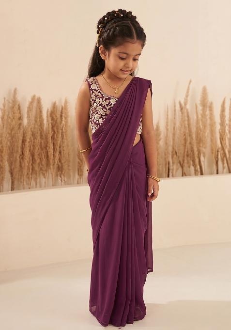 Purple Hand Work Georgette Pre Draped Saree Set For Girls