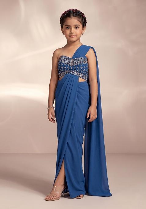 Deep Teal Blue Hand Work Crepe Pre Draped Saree Set For Girls