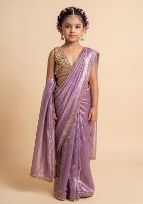 Purple Hand Work Silk Pre Draped Saree Set For Girls