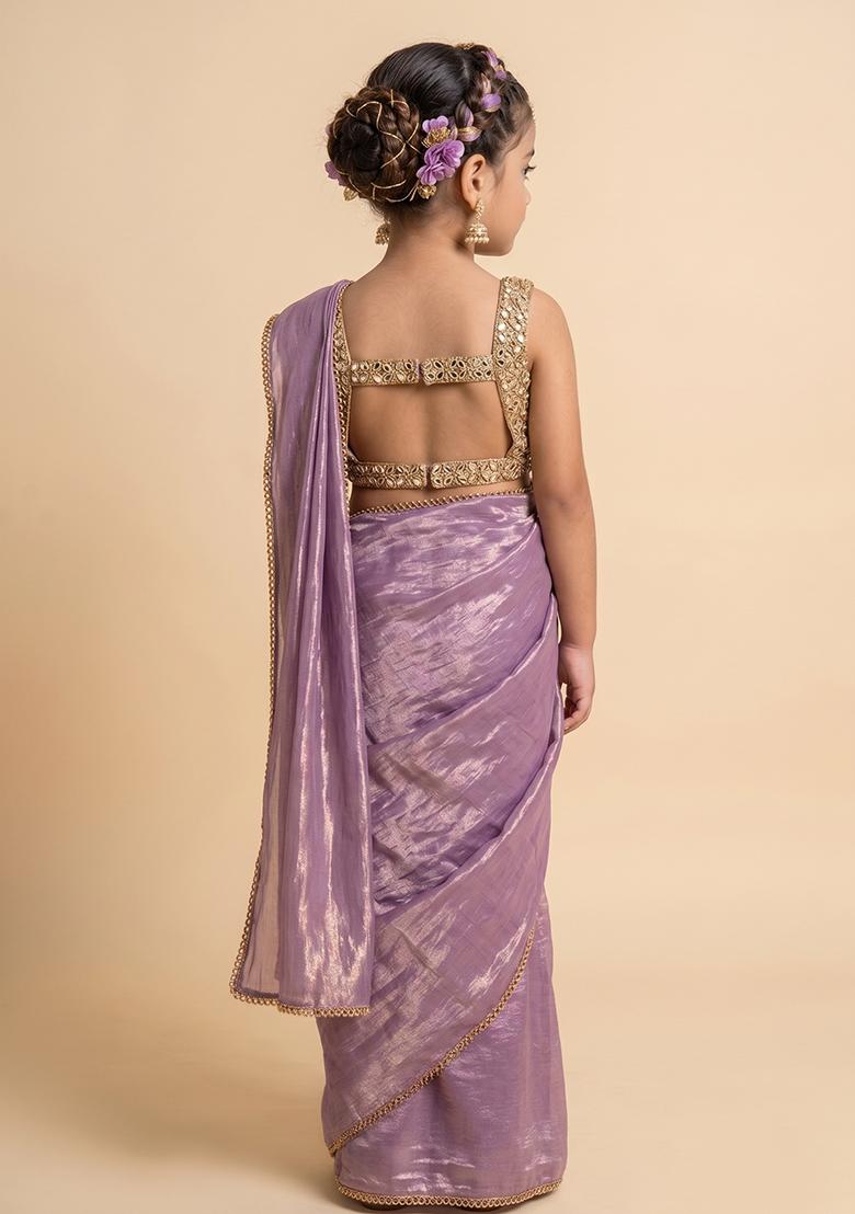 Purple Hand Work Silk Pre Draped Saree Set For Girls - Indya