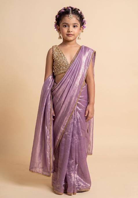Purple Hand Work Silk Pre Draped Saree Set For Girls