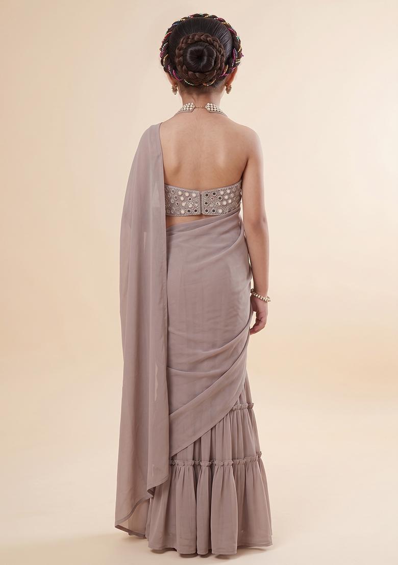 Grey Hand Work Georgette Pre Draped Saree Set For Girls - Indya