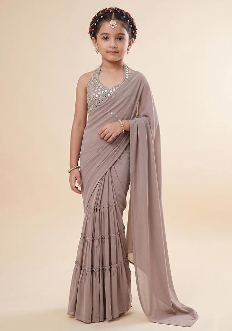 Grey Hand Work Georgette Pre Draped Saree Set For Girls
