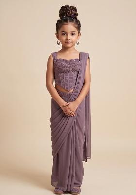 Mauve Hand Work Satin Pre Draped Saree Set For Girls