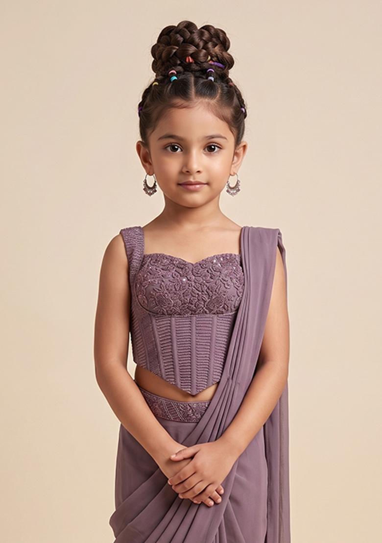 Mauve Hand Work Satin Pre Draped Saree Set For Girls - Indya