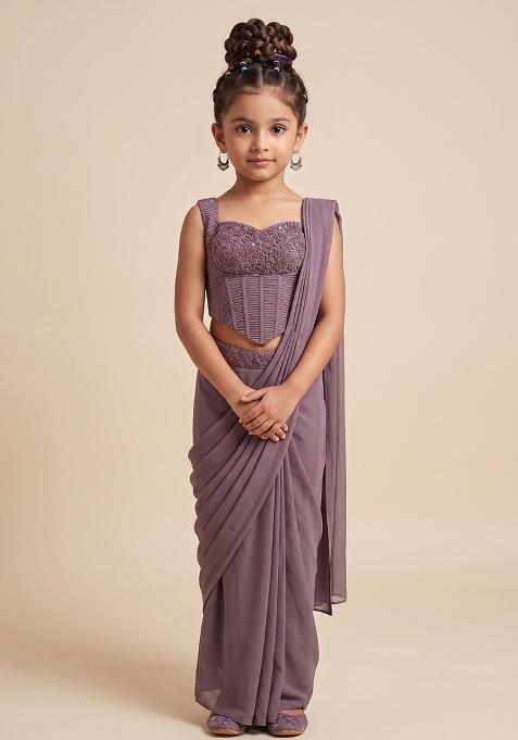 Mauve Hand Work Satin Pre Draped Saree Set For Girls