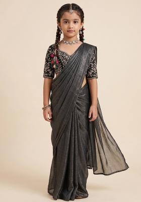 Jet Black Hand Work Crepe Pre Draped Saree Set For Girls
