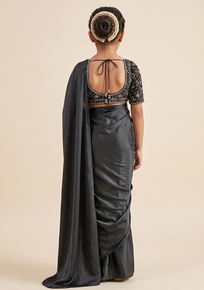 Jet Black Hand Work Crepe Pre Draped Saree Set For Girls - Indya