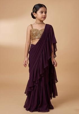 Deep Wine Hand Work Chinon Pre Draped Saree Set For Girls