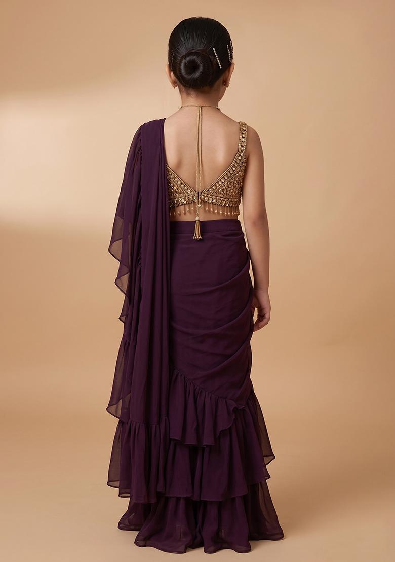 Deep Wine Hand Work Chinon Pre Draped Saree Set For Girls - Indya