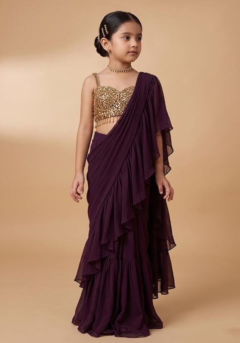 Deep Wine Hand Work Chinon Pre Draped Saree Set For Girls