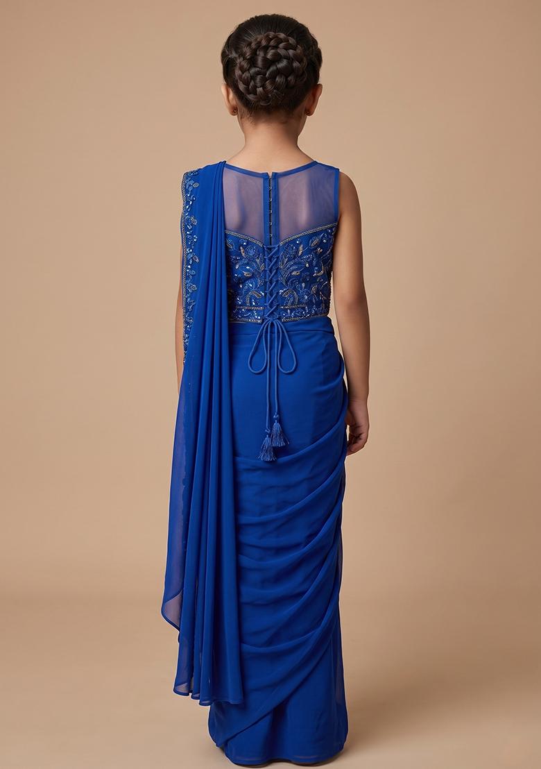 Royal Blue Hand Work Chinon Pre Draped Saree Set For Girls - Indya