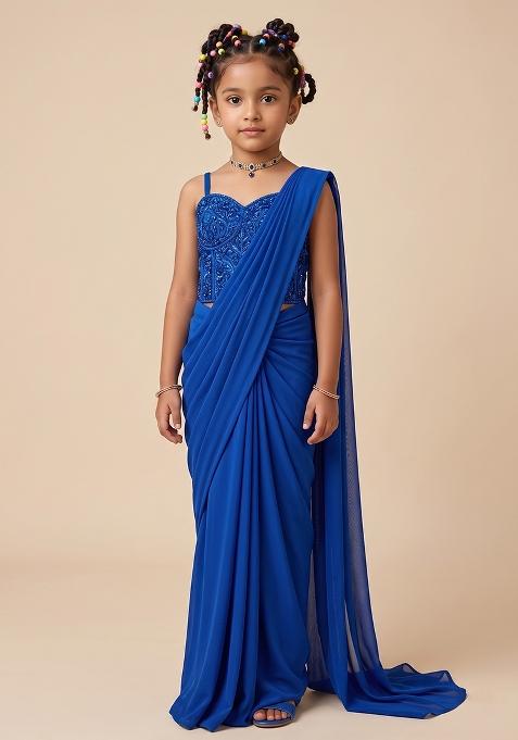 Royal Blue Hand Work Chinon Pre Draped Saree Set For Girls