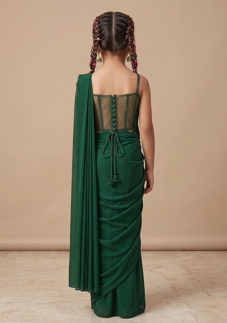 Green Hand Work Chinon Pre Draped Saree Set For Girls - Indya