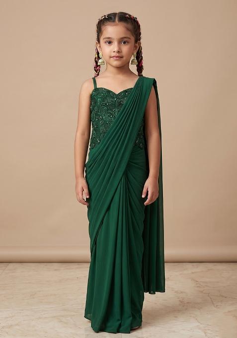Green Hand Work Chinon Pre Draped Saree Set For Girls