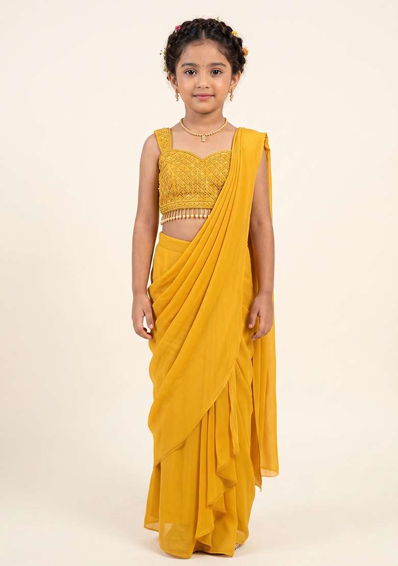 Mustard Hand Work Chinon Pre Draped Saree Set For Girls - Indya