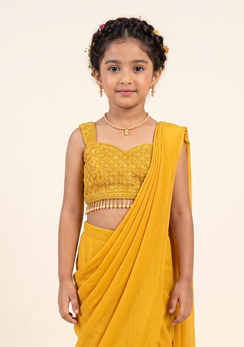 Mustard Hand Work Chinon Pre Draped Saree Set For Girls - Indya