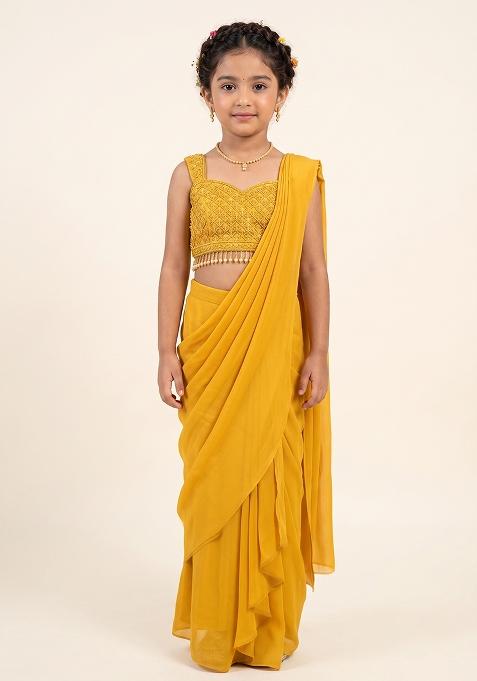 Mustard Hand Work Chinon Pre Draped Saree Set For Girls