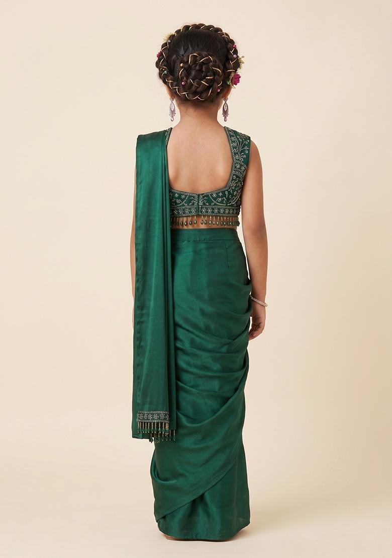 Bottle Green Hand Work Chinon Pre Draped Saree Set For Girls - Indya