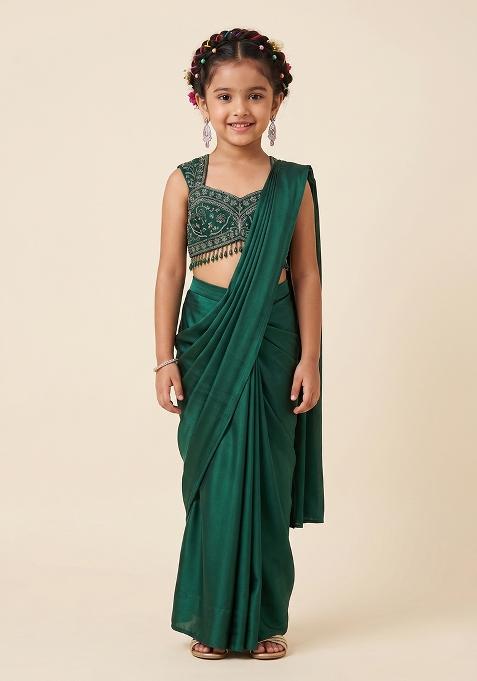 Bottle Green Hand Work Chinon Pre Draped Saree Set For Girls