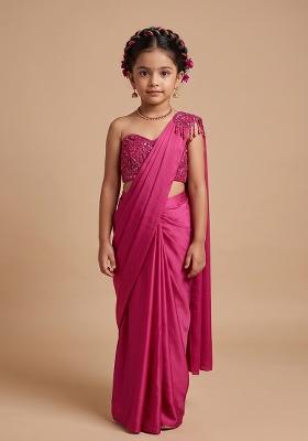 Pink Hand Work Chinon Pre Draped Saree Set For Girls