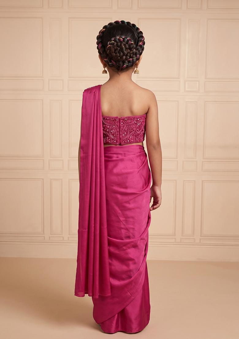 Pink Hand Work Chinon Pre Draped Saree Set For Girls - Indya