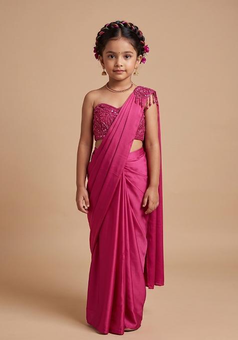 Pink Hand Work Chinon Pre Draped Saree Set For Girls