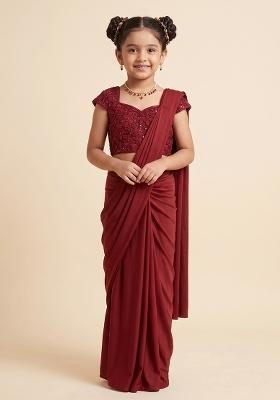 Dark Red Hand Work Crepe Pre Draped Saree Set For Girls