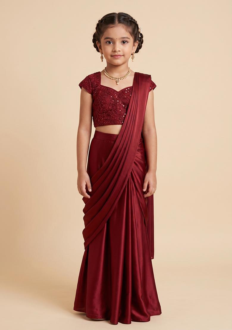 Dark Red Hand Work Crepe Pre Draped Saree Set For Girls - Indya