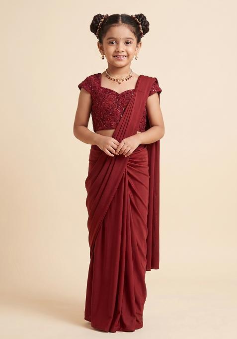 Dark Red Hand Work Crepe Pre Draped Saree Set For Girls